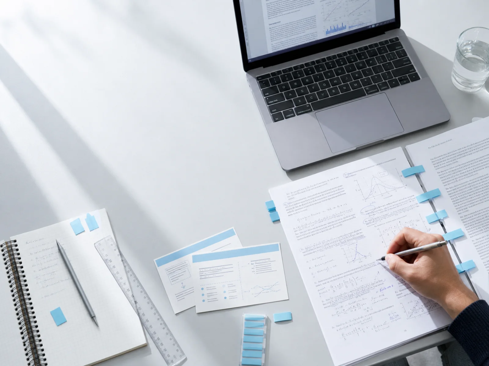 A learner compares annotated research papers with evidence on a laptop at a sunlit desk